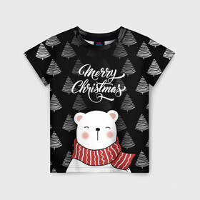 Детская футболка 3D с принтом MERRY CHRISTMAS BEARS в Екатеринбурге, 100% гипоаллергенный полиэфир | прямой крой, круглый вырез горловины, длина до линии бедер, чуть спущенное плечо, ткань немного тянется | 2021 | 2022 | new year | деда мороза | зима | к нам приходит | как у всех | костюм | медвежонок | мишка | новогодний | новый год | праздник | рекомендации | рождество | снег | снежинки | снежок | узор | хочу