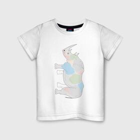 Детская футболка хлопок с принтом Вертикальный носорог в Екатеринбурге, 100% хлопок | круглый вырез горловины, полуприлегающий силуэт, длина до линии бедер | африка | дикий | дикое животное | животное | животные | звери | зверь | мило | милота | носорог | пятна | пятнистый | разноцветный | фауна | экзотика