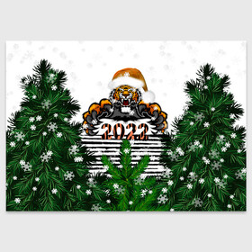 Поздравительная открытка с принтом Новогодний Тигр Среди Елок в Екатеринбурге, 100% бумага | плотность бумаги 280 г/м2, матовая, на обратной стороне линовка и место для марки
 | 2022 | black | cat | christmas | merry | new year | tiger | xmas | водяной | год тигра | елка | животные | кот | кошки | новый год | паттерн | полосатый | рождество | снег | снежинки | сосна | тигры | узор | цветы | черный