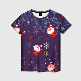 Женская футболка 3D с принтом Дед Мороз в снежинках в Екатеринбурге, 100% полиэфир ( синтетическое хлопкоподобное полотно) | прямой крой, круглый вырез горловины, длина до линии бедер | 2021 | happy new year 2022 | дед мороз | новый год | новый год 2022 | праздник | санта | снежинки