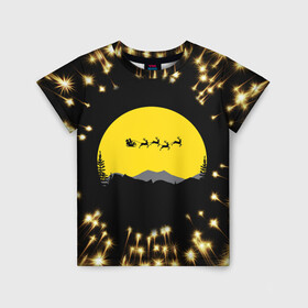 Детская футболка 3D с принтом Фейерверк Санта в Екатеринбурге, 100% гипоаллергенный полиэфир | прямой крой, круглый вырез горловины, длина до линии бедер, чуть спущенное плечо, ткань немного тянется | black | christmas | fireworks | holiday | moon | new | new year | popular | reindeer | santa claus | sleigh | top | trend | yellow | дед мороз | желтый | луна | новый | новый год | олени | популярный | праздник | рождество | салют | сани | санта клаус | т