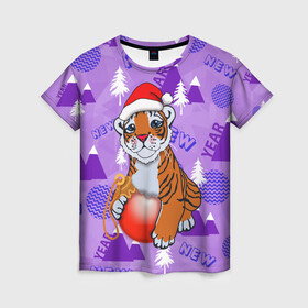 Женская футболка 3D с принтом Тигренок с елочным шариком в Екатеринбурге, 100% полиэфир ( синтетическое хлопкоподобное полотно) | прямой крой, круглый вырез горловины, длина до линии бедер | 2022 | newyear2022 | новый год | новыйгод2022 | символ года | тигр | тигр2022 | тигренок