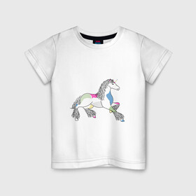 Детская футболка хлопок с принтом Разноцветный единорог на светлом в Екатеринбурге, 100% хлопок | круглый вырез горловины, полуприлегающий силуэт, длина до линии бедер | волшебство | единорог | животное | животные | звери | зверь | конь | лошадь | магия | сказка | фауна