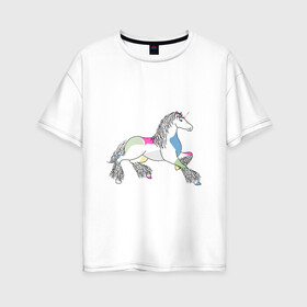 Женская футболка хлопок Oversize с принтом Разноцветный единорог на светлом в Екатеринбурге, 100% хлопок | свободный крой, круглый ворот, спущенный рукав, длина до линии бедер
 | волшебство | единорог | животное | животные | звери | зверь | конь | лошадь | магия | сказка | фауна