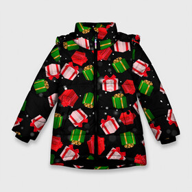 Зимняя куртка для девочек 3D с принтом Новогодние паттерн подарков в Екатеринбурге, ткань верха — 100% полиэстер; подклад — 100% полиэстер, утеплитель — 100% полиэстер. | длина ниже бедра, удлиненная спинка, воротник стойка и отстегивающийся капюшон. Есть боковые карманы с листочкой на кнопках, утяжки по низу изделия и внутренний карман на молнии. 

Предусмотрены светоотражающий принт на спинке, радужный светоотражающий элемент на пуллере молнии и на резинке для утяжки. | 2022 | happy new year | merry christmas | год тигра | зима близко | нг | новогодний | новогодний тигр | новогодняя символика | новый год | новый год 2022 | паттерн | подарки | подарок | праздник | рождество