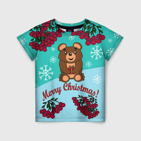 Детская футболка 3D с принтом Мишка и рождество в Екатеринбурге, 100% гипоаллергенный полиэфир | прямой крой, круглый вырез горловины, длина до линии бедер, чуть спущенное плечо, ткань немного тянется | 2022 | merry christmas | ветки | год тигра | детский | животные | зима | зимний | лес | медведь | мишка | мультяшный | новогодний | новый год | подарок | праздничный | рождество | рябина | снег | снегопад