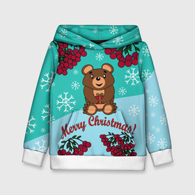 Детская толстовка 3D с принтом Мишка и рождество в Екатеринбурге, 100% полиэстер | двухслойный капюшон со шнурком для регулировки, мягкие манжеты на рукавах и по низу толстовки, спереди карман-кенгуру с мягким внутренним слоем | 2022 | merry christmas | ветки | год тигра | детский | животные | зима | зимний | лес | медведь | мишка | мультяшный | новогодний | новый год | подарок | праздничный | рождество | рябина | снег | снегопад