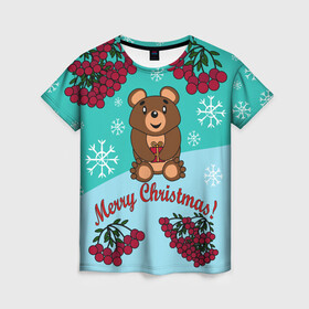 Женская футболка 3D с принтом Мишка и рождество в Екатеринбурге, 100% полиэфир ( синтетическое хлопкоподобное полотно) | прямой крой, круглый вырез горловины, длина до линии бедер | 2022 | merry christmas | ветки | год тигра | детский | животные | зима | зимний | лес | медведь | мишка | мультяшный | новогодний | новый год | подарок | праздничный | рождество | рябина | снег | снегопад