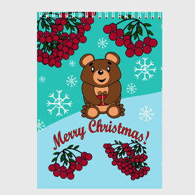 Скетчбук с принтом Мишка и рождество в Екатеринбурге, 100% бумага
 | 48 листов, плотность листов — 100 г/м2, плотность картонной обложки — 250 г/м2. Листы скреплены сверху удобной пружинной спиралью | 2022 | merry christmas | ветки | год тигра | детский | животные | зима | зимний | лес | медведь | мишка | мультяшный | новогодний | новый год | подарок | праздничный | рождество | рябина | снег | снегопад