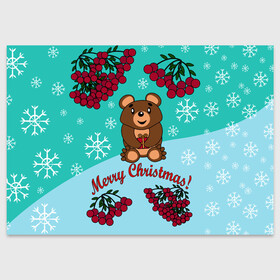 Поздравительная открытка с принтом Мишка и рождество в Екатеринбурге, 100% бумага | плотность бумаги 280 г/м2, матовая, на обратной стороне линовка и место для марки
 | Тематика изображения на принте: 2022 | merry christmas | ветки | год тигра | детский | животные | зима | зимний | лес | медведь | мишка | мультяшный | новогодний | новый год | подарок | праздничный | рождество | рябина | снег | снегопад