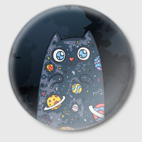 Значок с принтом Космический кот в планетах в Екатеринбурге,  металл | круглая форма, металлическая застежка в виде булавки | животное | космический | космос | кот | кот марсианин | планеты