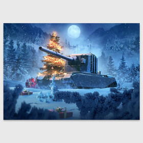Поздравительная открытка с принтом World of Tanks Christmas в Екатеринбурге, 100% бумага | плотность бумаги 280 г/м2, матовая, на обратной стороне линовка и место для марки
 | art | christmas | gifts | moon | new year | night | snow | tank | tree | winter | world of tanks | арт | елка | зима | луна | новый год | ночь | подарки | рождество | снег | танк