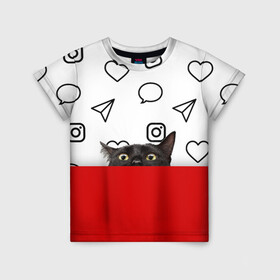 Детская футболка 3D с принтом Котограмм обыкновенный в Екатеринбурге, 100% гипоаллергенный полиэфир | прямой крой, круглый вырез горловины, длина до линии бедер, чуть спущенное плечо, ткань немного тянется | Тематика изображения на принте: cat | girls | heart | hearts | instagram | red | telegram | top | trend | viber | whatsapp | white | белый | вайбер | ватсап | девушкам | инстаграмм | кот | кошка | красный | сердечки | сердце | телеграмм | топ | тренд