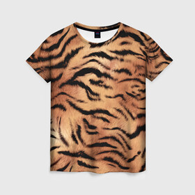 Женская футболка 3D с принтом Шкура тигра текстура в Екатеринбурге, 100% полиэфир ( синтетическое хлопкоподобное полотно) | прямой крой, круглый вырез горловины, длина до линии бедер | 2022 | год тигра | новый год | новый год 2022 | символ года | тигр | тигренок | тигрица | тигры