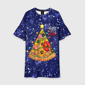 Детское платье 3D с принтом Новогодняя Елка Пицца в Екатеринбурге, 100% полиэстер | прямой силуэт, чуть расширенный к низу. Круглая горловина, на рукавах — воланы | Тематика изображения на принте: christmas | pizza | гирлянда | елка | ель | звезда | новый год | пицца | рождество
