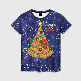 Женская футболка 3D с принтом Новогодняя Елка Пицца в Екатеринбурге, 100% полиэфир ( синтетическое хлопкоподобное полотно) | прямой крой, круглый вырез горловины, длина до линии бедер | christmas | pizza | гирлянда | елка | ель | звезда | новый год | пицца | рождество