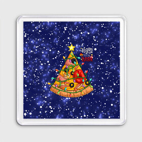 Магнит 55*55 с принтом Новогодняя Елка Пицца в Екатеринбурге, Пластик | Размер: 65*65 мм; Размер печати: 55*55 мм | Тематика изображения на принте: christmas | pizza | гирлянда | елка | ель | звезда | новый год | пицца | рождество