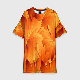 Детское платье 3D с принтом Кленовая сладость в Екатеринбурге, 100% полиэстер | прямой силуэт, чуть расширенный к низу. Круглая горловина, на рукавах — воланы | Тематика изображения на принте: желтый | клен | кленовый лист | лист | листопад | листья | оранжевый | осень