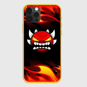 Чехол для iPhone 12 Pro с принтом Geometry Dash Fire в Екатеринбурге, силикон | область печати: задняя сторона чехла, без боковых панелей | 2d | arcade | demon | game | geometry dash | levels | meltdown | robtop | smile | аркада | геометрический тире | демон | раннер | смайлы | уровни | эмоции