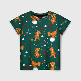 Детская футболка 3D с принтом тигр и рождество в Екатеринбурге, 100% гипоаллергенный полиэфир | прямой крой, круглый вырез горловины, длина до линии бедер, чуть спущенное плечо, ткань немного тянется | happy new year | merry christmas | год тигра | животные | звери | зеленый | зима | зимний принт | иллюстрация | кошка | красный | леденец | новогодний | оранжевый | подарок | полосатый | рождество | снег | снегопад