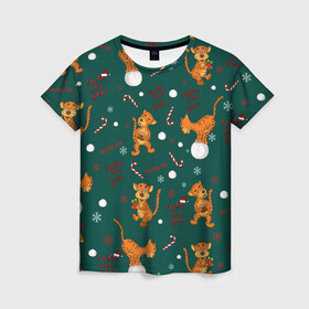 Женская футболка 3D с принтом тигр и рождество в Екатеринбурге, 100% полиэфир ( синтетическое хлопкоподобное полотно) | прямой крой, круглый вырез горловины, длина до линии бедер | happy new year | merry christmas | год тигра | животные | звери | зеленый | зима | зимний принт | иллюстрация | кошка | красный | леденец | новогодний | оранжевый | подарок | полосатый | рождество | снег | снегопад