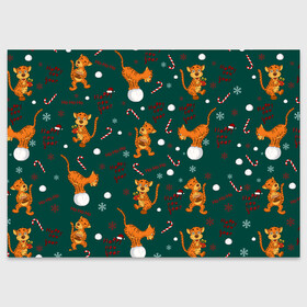 Поздравительная открытка с принтом тигр и рождество в Екатеринбурге, 100% бумага | плотность бумаги 280 г/м2, матовая, на обратной стороне линовка и место для марки
 | happy new year | merry christmas | год тигра | животные | звери | зеленый | зима | зимний принт | иллюстрация | кошка | красный | леденец | новогодний | оранжевый | подарок | полосатый | рождество | снег | снегопад