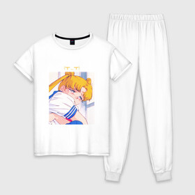 Женская пижама хлопок с принтом Sad Usagi | Sailor Moon в Екатеринбурге, 100% хлопок | брюки и футболка прямого кроя, без карманов, на брюках мягкая резинка на поясе и по низу штанин | sailor moon | usagi tsukino | сейлор мун | усаги | усаги цукино