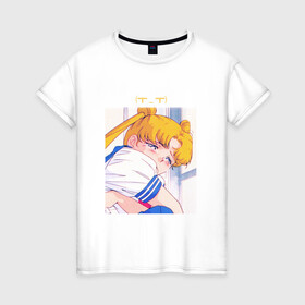 Женская футболка хлопок с принтом Sad Usagi | Sailor Moon в Екатеринбурге, 100% хлопок | прямой крой, круглый вырез горловины, длина до линии бедер, слегка спущенное плечо | sailor moon | usagi tsukino | сейлор мун | усаги | усаги цукино