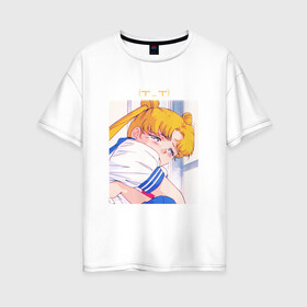 Женская футболка хлопок Oversize с принтом Sad Usagi | Sailor Moon в Екатеринбурге, 100% хлопок | свободный крой, круглый ворот, спущенный рукав, длина до линии бедер
 | sailor moon | usagi tsukino | сейлор мун | усаги | усаги цукино