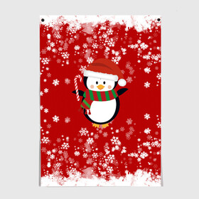 Постер с принтом Пингвин в новогодней шапочке в Екатеринбурге, 100% бумага
 | бумага, плотность 150 мг. Матовая, но за счет высокого коэффициента гладкости имеет небольшой блеск и дает на свету блики, но в отличии от глянцевой бумаги не покрыта лаком | 2021 | 2022 | happy new year 2022 | новогодний пингвин | новый год | новый год 2022 | пингвин | праздник | снежинки | снежный пингвин