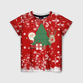 Детская футболка 3D с принтом Новогоднее настроение Santa в Екатеринбурге, 100% гипоаллергенный полиэфир | прямой крой, круглый вырез горловины, длина до линии бедер, чуть спущенное плечо, ткань немного тянется | 2021 | 2022 | happy new year 2022 | дед мороз | дед мороз и олень | елка | новый год | новый год 2022 | олень | праздник | санта
