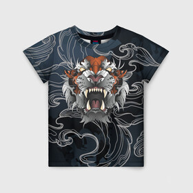 Детская футболка 3D с принтом Рычащий Тигр в японском стиле в Екатеринбурге, 100% гипоаллергенный полиэфир | прямой крой, круглый вырез горловины, длина до линии бедер, чуть спущенное плечо, ткань немного тянется | Тематика изображения на принте: волны | символ года | тигр | хищник | япония