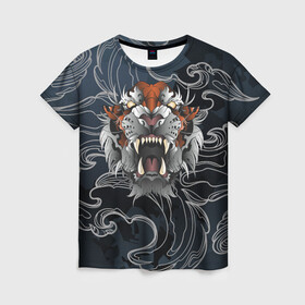Женская футболка 3D с принтом Рычащий Тигр в японском стиле в Екатеринбурге, 100% полиэфир ( синтетическое хлопкоподобное полотно) | прямой крой, круглый вырез горловины, длина до линии бедер | волны | символ года | тигр | хищник | япония