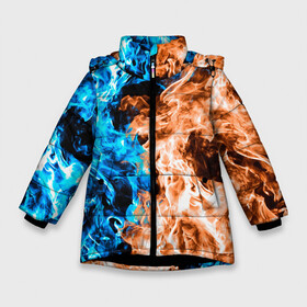 Зимняя куртка для девочек 3D с принтом Огненное пламя в Екатеринбурге, ткань верха — 100% полиэстер; подклад — 100% полиэстер, утеплитель — 100% полиэстер. | длина ниже бедра, удлиненная спинка, воротник стойка и отстегивающийся капюшон. Есть боковые карманы с листочкой на кнопках, утяжки по низу изделия и внутренний карман на молнии. 

Предусмотрены светоотражающий принт на спинке, радужный светоотражающий элемент на пуллере молнии и на резинке для утяжки. | blue fire | blue flame | fire | fire and ice | fire and water | flame | neon | в огне | горящий | инь ян | инь янь | искры | неон | неоновый огонь | огненный | огонь | огонь и вода | огонь и лед | пламя | пожар | противостояние