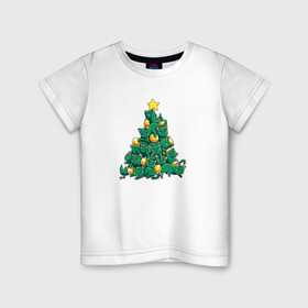 Детская футболка хлопок с принтом Christmas Tree Made Of Green Cats в Екатеринбурге, 100% хлопок | круглый вырез горловины, полуприлегающий силуэт, длина до линии бедер | Тематика изображения на принте: cat | cats | christmas | decotarions | green | kittens | made | new | of | star | toys | tree | year | год | ёлка | звезда | игрушки | кот | коты | котята | кошки | новый | рождество