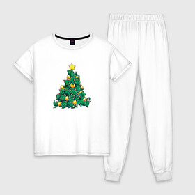 Женская пижама хлопок с принтом Christmas Tree Made Of Green Cats в Екатеринбурге, 100% хлопок | брюки и футболка прямого кроя, без карманов, на брюках мягкая резинка на поясе и по низу штанин | cat | cats | christmas | decotarions | green | kittens | made | new | of | star | toys | tree | year | год | ёлка | звезда | игрушки | кот | коты | котята | кошки | новый | рождество