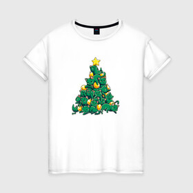 Женская футболка хлопок с принтом Christmas Tree Made Of Green Cats в Екатеринбурге, 100% хлопок | прямой крой, круглый вырез горловины, длина до линии бедер, слегка спущенное плечо | cat | cats | christmas | decotarions | green | kittens | made | new | of | star | toys | tree | year | год | ёлка | звезда | игрушки | кот | коты | котята | кошки | новый | рождество