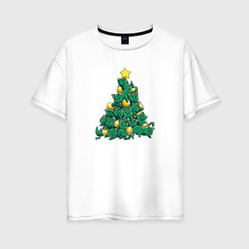Женская футболка хлопок Oversize с принтом Christmas Tree Made Of Green Cats в Екатеринбурге, 100% хлопок | свободный крой, круглый ворот, спущенный рукав, длина до линии бедер
 | cat | cats | christmas | decotarions | green | kittens | made | new | of | star | toys | tree | year | год | ёлка | звезда | игрушки | кот | коты | котята | кошки | новый | рождество