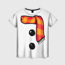 Женская футболка 3D с принтом Snowman Outfit в Екатеринбурге, 100% полиэфир ( синтетическое хлопкоподобное полотно) | прямой крой, круглый вырез горловины, длина до линии бедер | attributes | buttons | christmas | new | scarf | snow | snowman | snowy | woman | year | атрибутика | баба | год | новый | пуговица | пуговицы | рождество | снег | снеговик | снежная | шарф
