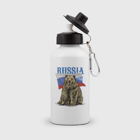 Бутылка спортивная с принтом Символика России и медведь в Екатеринбурге, металл | емкость — 500 мл, в комплекте две пластиковые крышки и карабин для крепления | bear | courage | fearlessness | flag | force | muzzle | paws | power | russia | бесстрашие | лапы | медведь | мощь | мужество | отвага | россия | сила | флаг