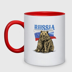 Кружка двухцветная с принтом Символика России и медведь в Екатеринбурге, керамика | объем — 330 мл, диаметр — 80 мм. Цветная ручка и кайма сверху, в некоторых цветах — вся внутренняя часть | bear | courage | fearlessness | flag | force | muzzle | paws | power | russia | бесстрашие | лапы | медведь | мощь | мужество | отвага | россия | сила | флаг