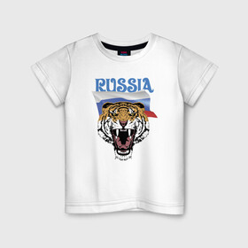Детская футболка хлопок с принтом Уссурийский русский тигр в Екатеринбурге, 100% хлопок | круглый вырез горловины, полуприлегающий силуэт, длина до линии бедер | courage | fearlessness | flag | force | muzzle | paws | power | russia | tiger | бесстрашие | лапы | мощь | мужество | отвага | россия | сила | тигр | флаг