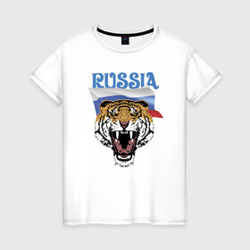 Женская футболка хлопок с принтом Уссурийский русский тигр в Екатеринбурге, 100% хлопок | прямой крой, круглый вырез горловины, длина до линии бедер, слегка спущенное плечо | courage | fearlessness | flag | force | muzzle | paws | power | russia | tiger | бесстрашие | лапы | мощь | мужество | отвага | россия | сила | тигр | флаг