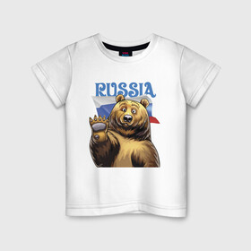 Детская футболка хлопок с принтом Прикольный русский медвежара в Екатеринбурге, 100% хлопок | круглый вырез горловины, полуприлегающий силуэт, длина до линии бедер | bear | courage | fearlessness | flag | force | muzzle | paws | power | russia | бесстрашие | лапы | медведь | мощь | мужество | отвага | россия | сила | флаг
