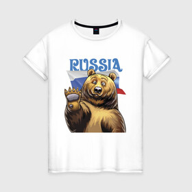 Женская футболка хлопок с принтом Прикольный русский медвежара в Екатеринбурге, 100% хлопок | прямой крой, круглый вырез горловины, длина до линии бедер, слегка спущенное плечо | bear | courage | fearlessness | flag | force | muzzle | paws | power | russia | бесстрашие | лапы | медведь | мощь | мужество | отвага | россия | сила | флаг
