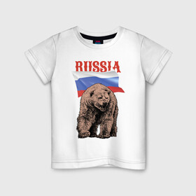 Детская футболка хлопок с принтом Русский свирепый медведь в Екатеринбурге, 100% хлопок | круглый вырез горловины, полуприлегающий силуэт, длина до линии бедер | bear | courage | fearlessness | flag | force | muzzle | paws | power | russia | бесстрашие | лапы | медведь | мощь | мужество | отвага | россия | сила | флаг