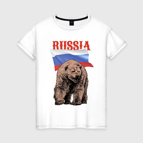 Женская футболка хлопок с принтом Русский свирепый медведь в Екатеринбурге, 100% хлопок | прямой крой, круглый вырез горловины, длина до линии бедер, слегка спущенное плечо | bear | courage | fearlessness | flag | force | muzzle | paws | power | russia | бесстрашие | лапы | медведь | мощь | мужество | отвага | россия | сила | флаг