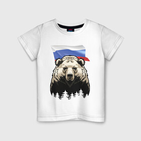 Детская футболка хлопок с принтом Русский спокойный хозяин леса в Екатеринбурге, 100% хлопок | круглый вырез горловины, полуприлегающий силуэт, длина до линии бедер | bear | courage | fearlessness | flag | force | forest | muzzle | paws | power | russia | бесстрашие | лапы | лес | медведь | мощь | мужество | отвага | россия | сила | флаг