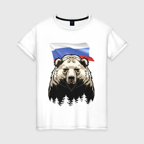 Женская футболка хлопок с принтом Русский спокойный хозяин леса в Екатеринбурге, 100% хлопок | прямой крой, круглый вырез горловины, длина до линии бедер, слегка спущенное плечо | bear | courage | fearlessness | flag | force | forest | muzzle | paws | power | russia | бесстрашие | лапы | лес | медведь | мощь | мужество | отвага | россия | сила | флаг