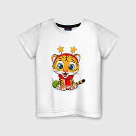 Детская футболка хлопок с принтом маленький тигренок со звездочками на голове в Екатеринбурге, 100% хлопок | круглый вырез горловины, полуприлегающий силуэт, длина до линии бедер | 2022 | год тигра | новый год | новый год 2022 | символ года | тигр | тигренок | тигрица | тигры